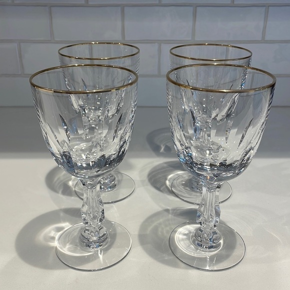 Tiffin Cut Crystal Goblets (4)) With Gold Rim—BEAUTIFUL!! Signed-/Excellent Cond